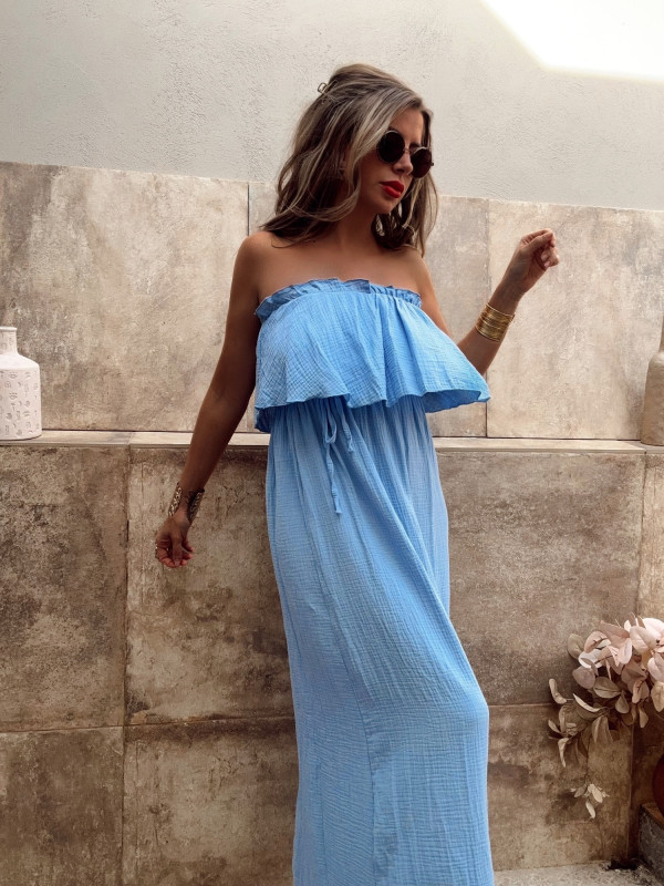 Robe en gaz de coton CELIA - BLEU
